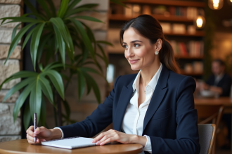 Femme confiante dans un café urbain élégant et chaleureux