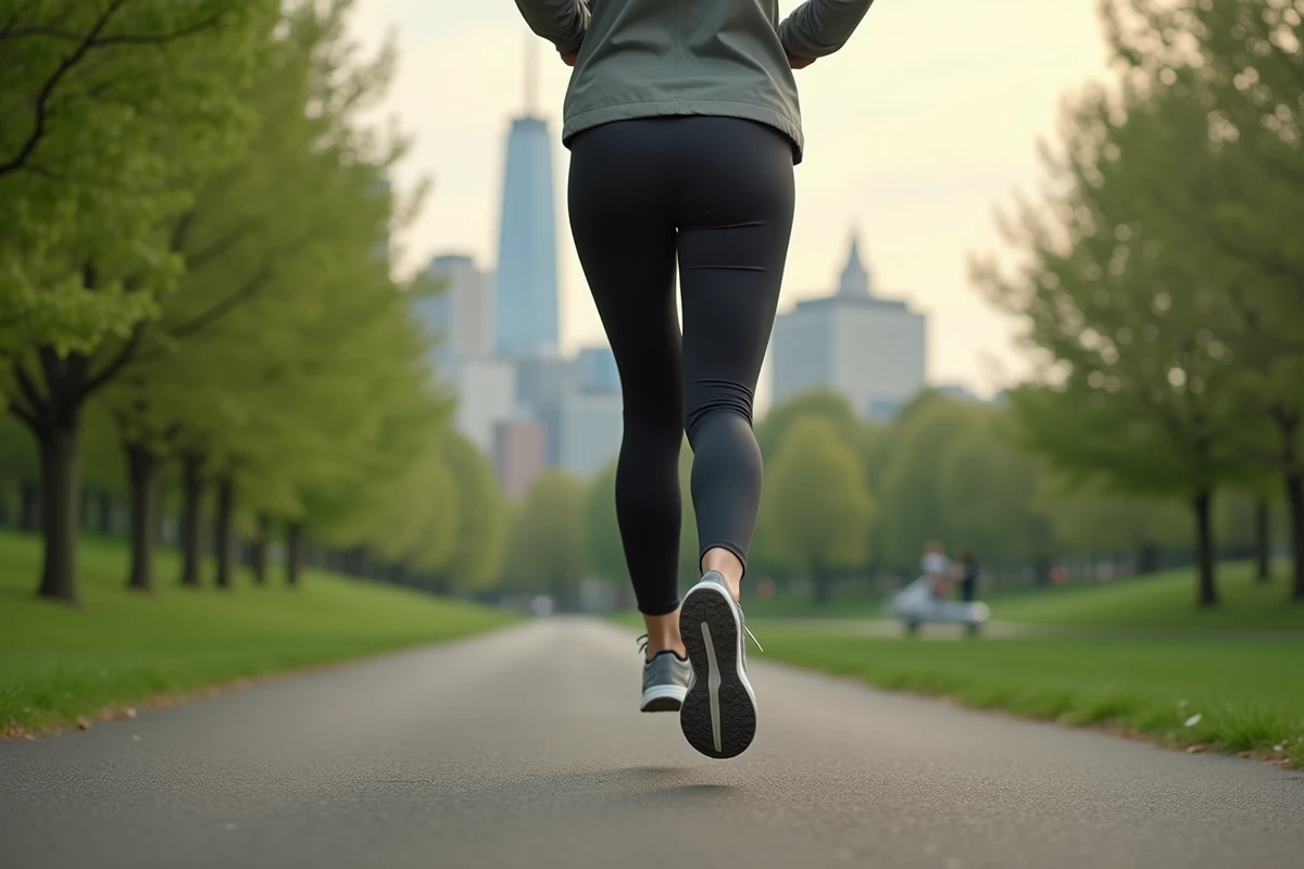 Femme en leggings et sneakers Nike courant dans un parc urbain