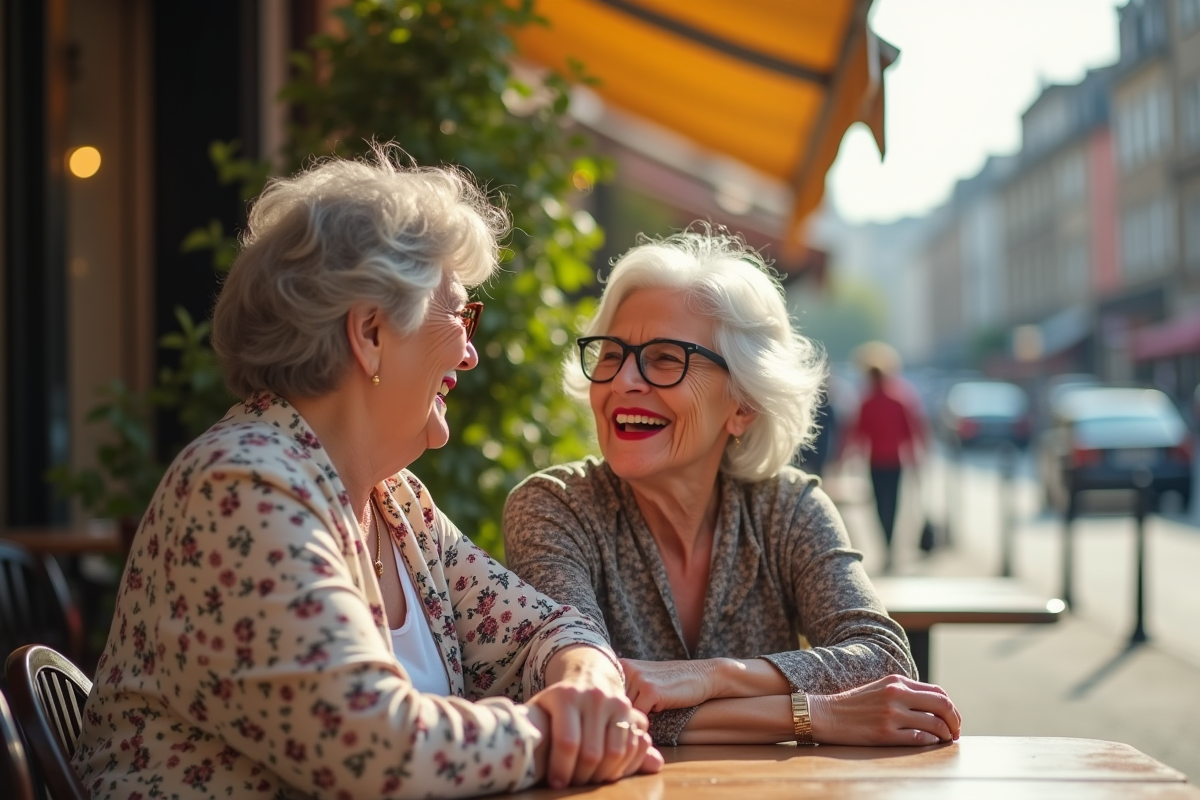 Femme âgée riant avec amie dans un café en plein air