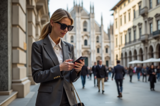 Femme élégante en costume à Milan devant le Duomo