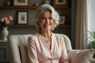 Femme élégante en salon avec sourire naturel