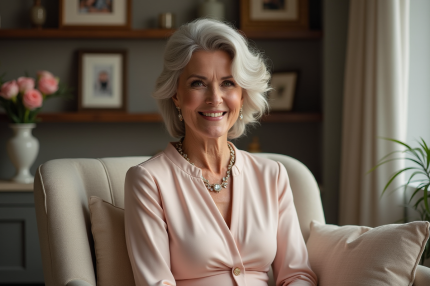 Femme élégante en salon avec sourire naturel