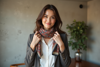 Femme élégante ajustant une écharpe en soie à son cou