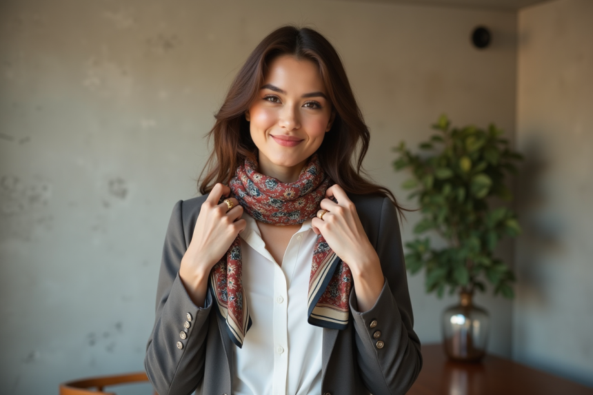 Femme élégante ajustant une écharpe en soie à son cou
