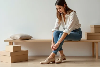 Femme essayant des chaussures Arche en cuir beige chez elle lors d'un déstockage en ligne