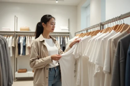 Femme consultant l'étiquette de taille d'un t-shirt Uniqlo dans un magasin, guide des tailles et équivalences