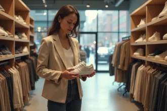Femme examinant des chaussures d'une marque inconnue dans un magasin de vêtements urbain, air pensif et critique