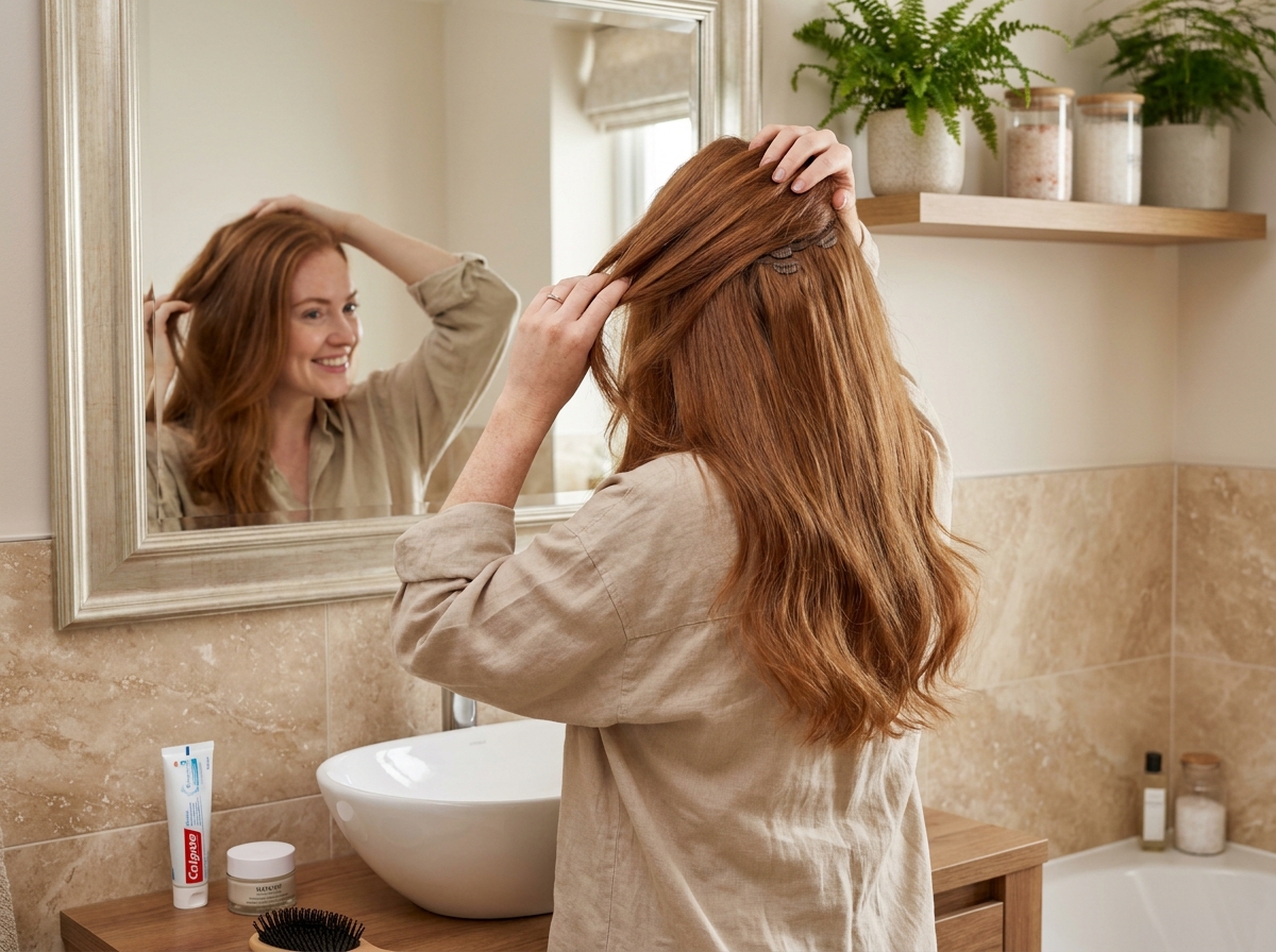 Femme admirant ses extensions de cheveux clip-in dans un miroir de salle de bain, look volumisé sans couper ses cheveux naturels