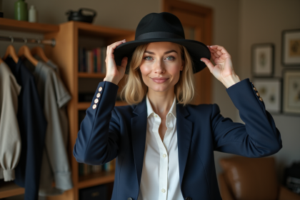 Femme en blouse blanche et blazer regardant un chapeau