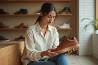 Femme inspectant la semelle trop grande d'une chaussure en cuir dans un magasin de chaussures
