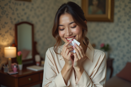 Femme se maquillant dans un vanity cosy