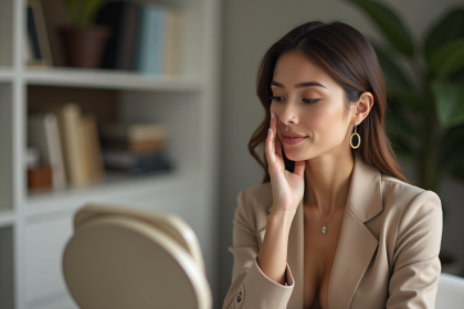 Femme regardant dans un miroir avec un blazer beige