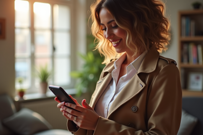 Femme élégante utilisant son smartphone pour la mode seconde main