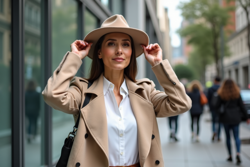 Femme urbaine en trench et chapeau dans la ville