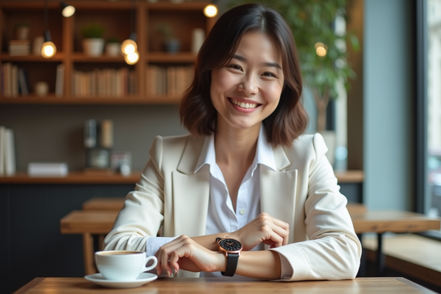 Femme en blouse blanche ajustant une montre élégante au poignet