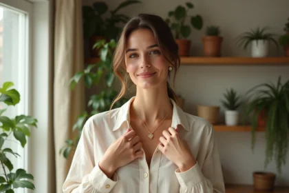 Femme portant un collier en or dans un intérieur lumineux