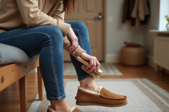 Femme nettoyant ses slippers UGG Tazz dans un intérieur chaleureux