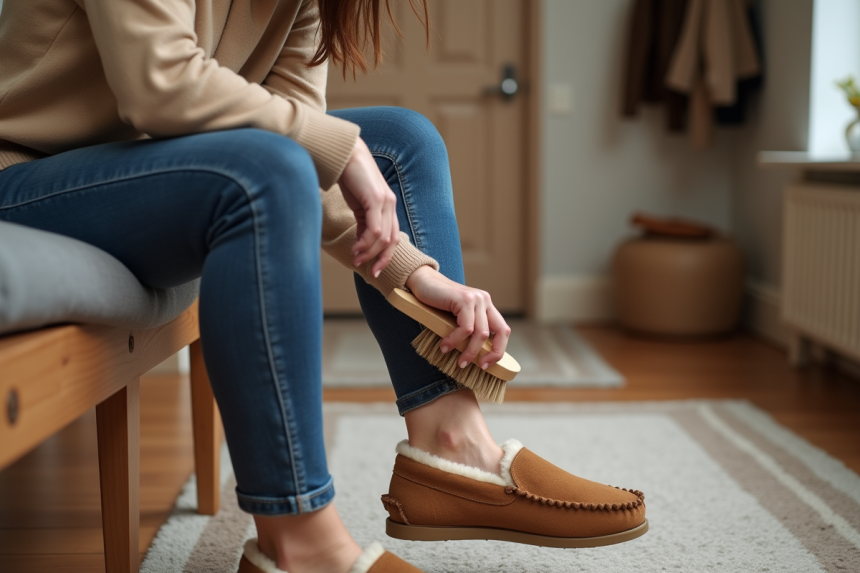 Femme nettoyant ses slippers UGG Tazz dans un intérieur chaleureux