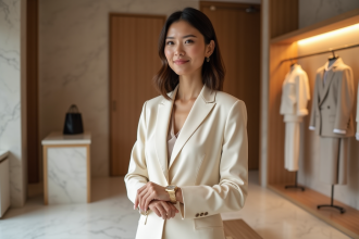 Femme élégante en tailleur crème ajustant une montre dorée