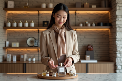 Femme élégante choisissant des échantillons de parfum dans une boutique