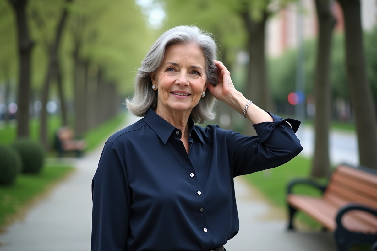 Femme élégante dans un parc avec cheveux salt and pepper