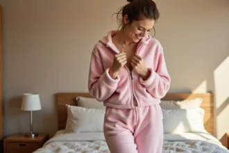 Femme en pyjama grenouillère rose pastel ajustant la fermeture éclair dans une chambre cosy