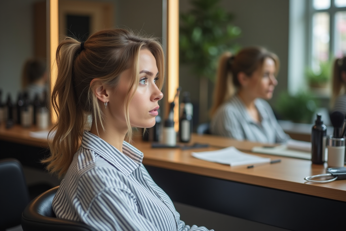 Femme regardant son reflet dans un salon de coiffure moderne