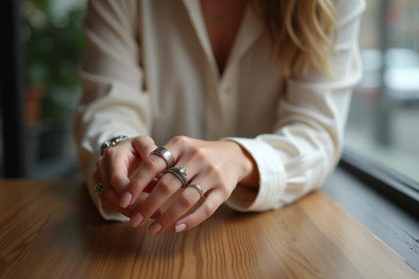 Femme élégante portant des bagues dans un café urbain