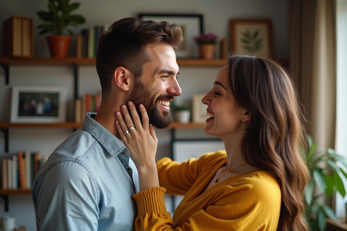 Femme souriante touchant la barbe de son partenaire dans un intérieur