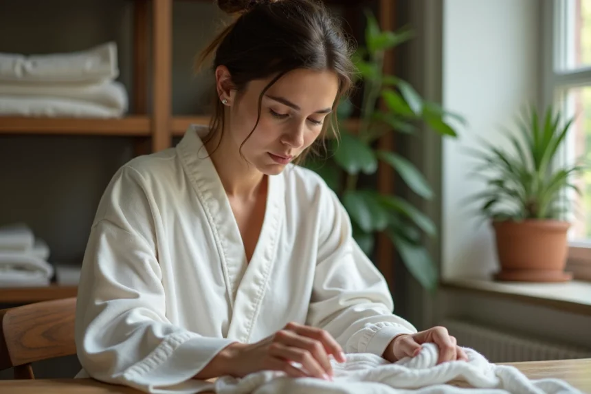 Femme en robe coton examine couture intérieure