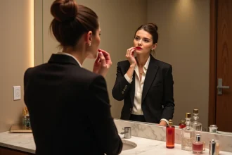 Femme élégante appliquant du rouge à lèvres dans un dressing luxe