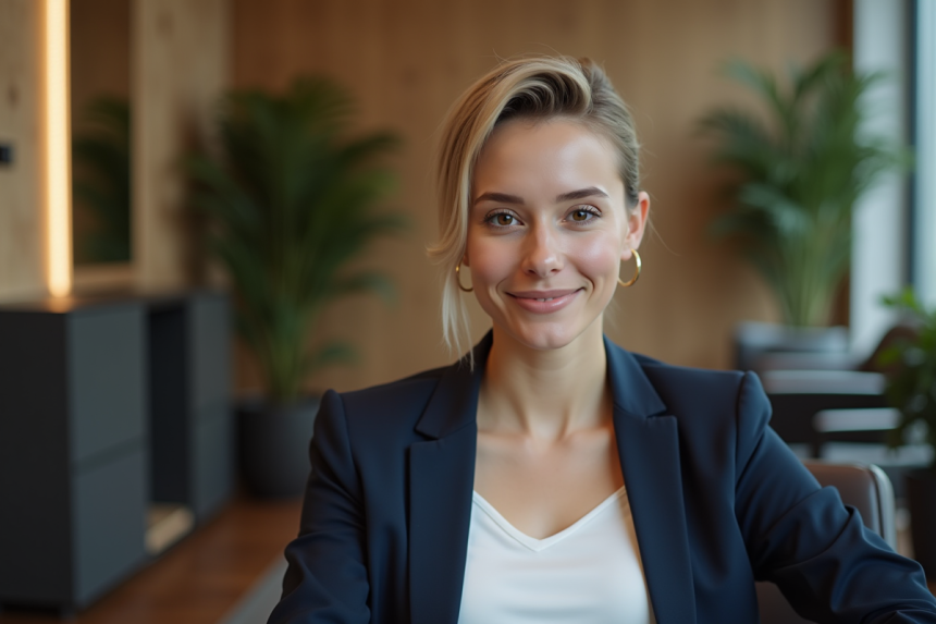 Femme souriante avec coupe pixie élégante en salon moderne