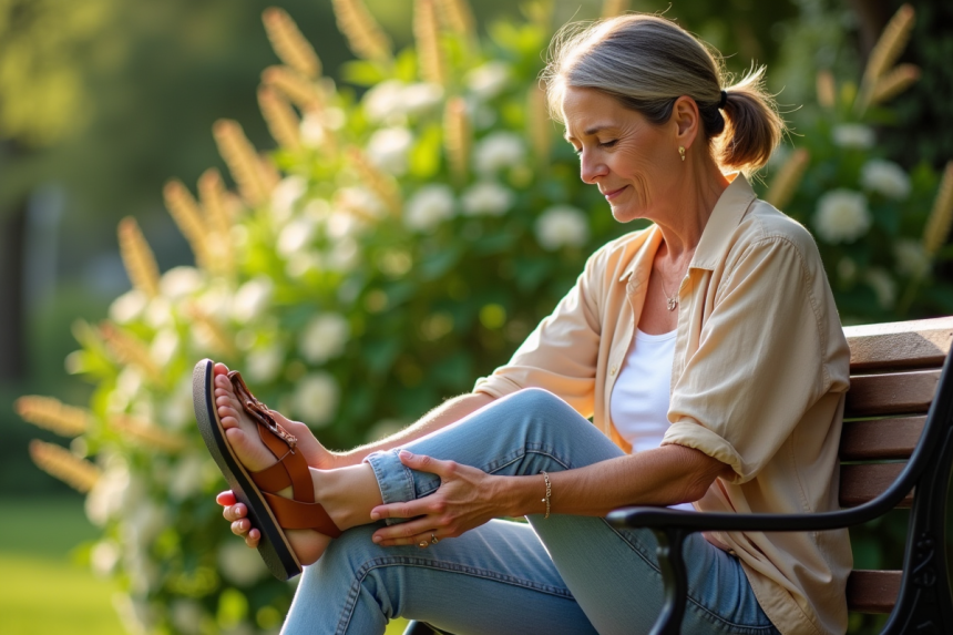 Femme assise dans un jardin examine ses pieds