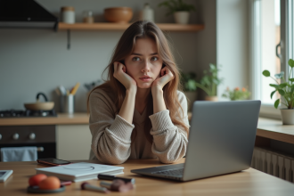 Jeune femme pensant dans son appartement moderne