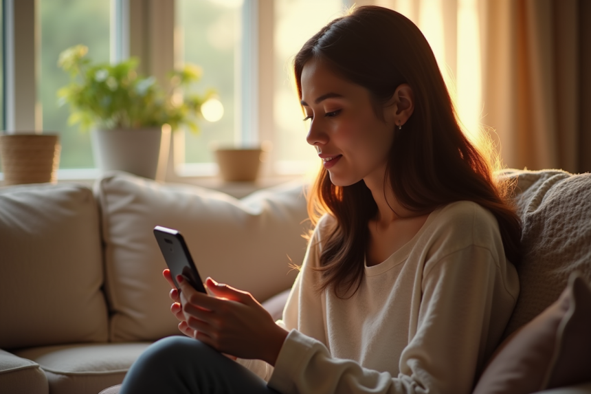 Jeune femme avec smartphone dans un salon lumineux