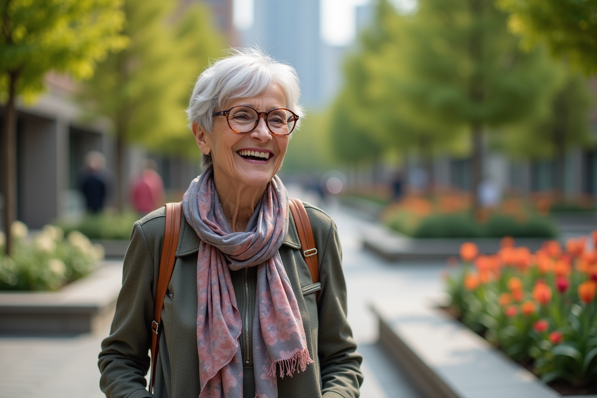 Femme âgée souriante avec coupe pixie dans un parc urbain