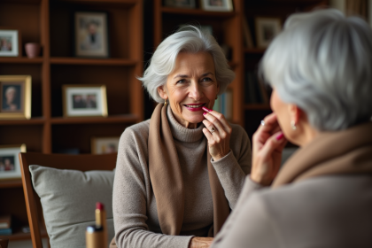 Femme senior appliquant rouge à lèvres dans chambre chaleureuse