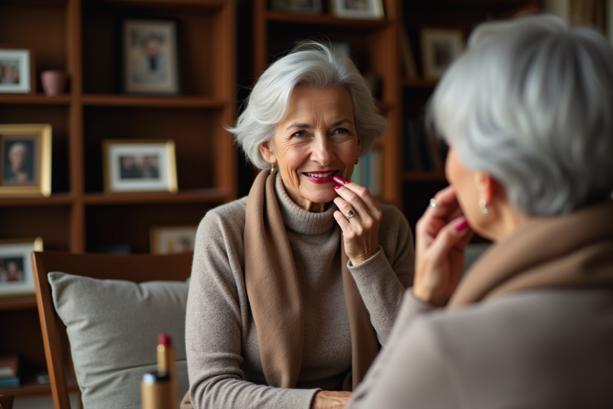 Femme senior appliquant rouge à lèvres dans chambre chaleureuse