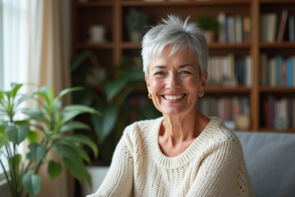 Femme senior souriante avec cheveux gris courts