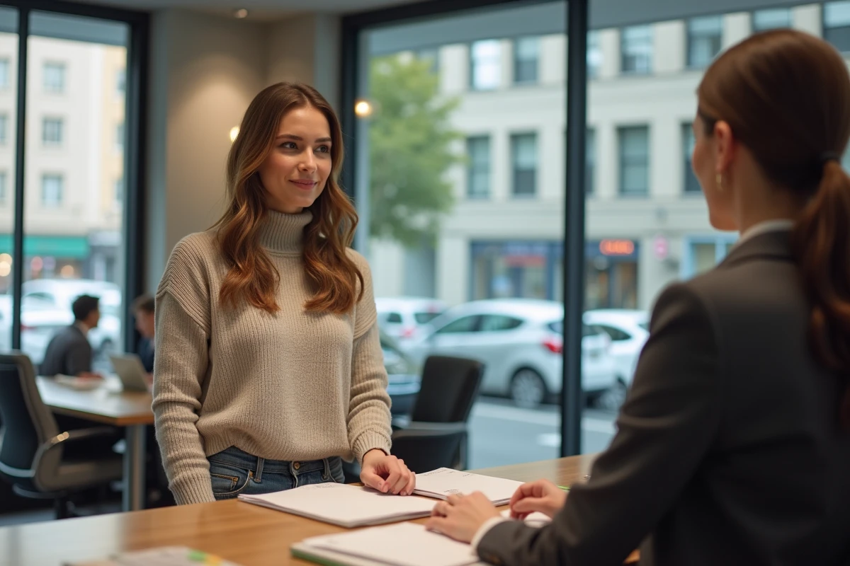 Jeune femme discutant avec un agent d