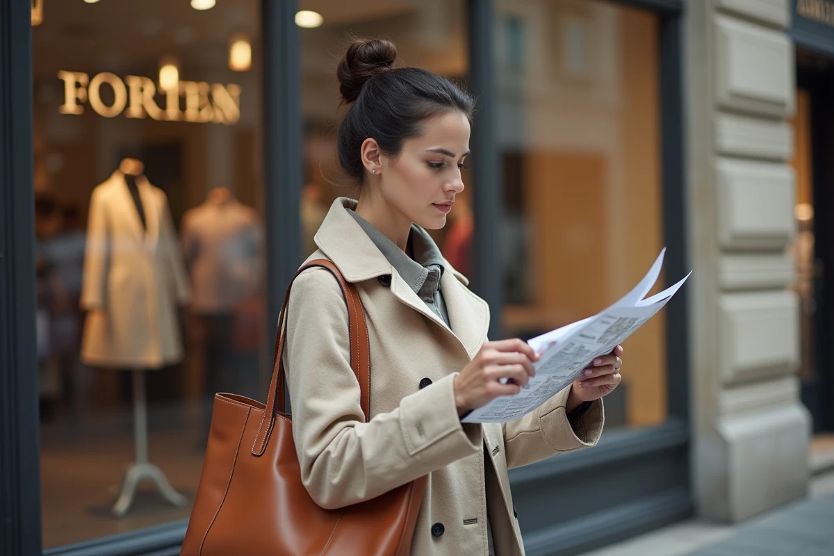 Femme consultant un guide shopping devant une boutique emblématique des Champs-Élysées à Paris