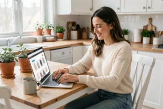 Femme en tenue décontractée parcourant le site Kiabi sur son ordinateur portable dans une cuisine moderne