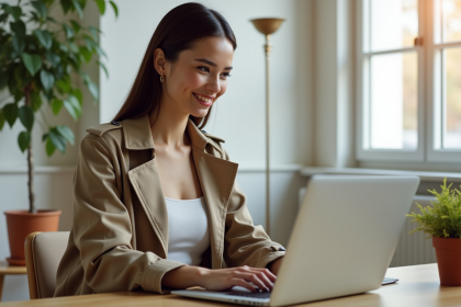 Jeune femme en trench coat faisant du shopping en ligne