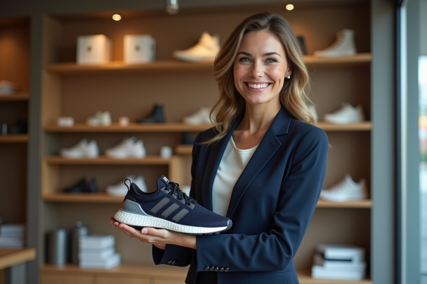 Femme professionnelle avec sneaker limitée en boutique