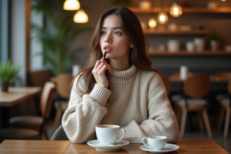 Femme appliquant du lipstick dans un café moderne