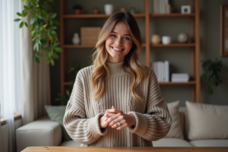 Femme souriante portant une bague en argent dans un salon cosy