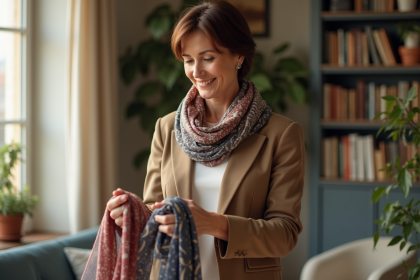 Femme élégante examinant des écharpes dans un salon lumineux