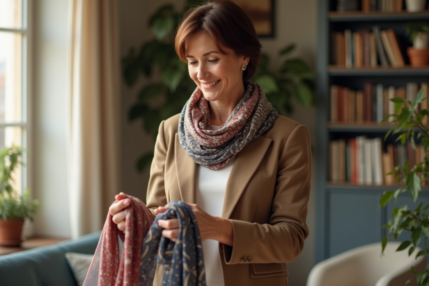 Femme élégante examinant des écharpes dans un salon lumineux