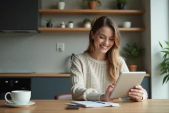 Femme souriante utilisant une tablette dans une cuisine chaleureuse