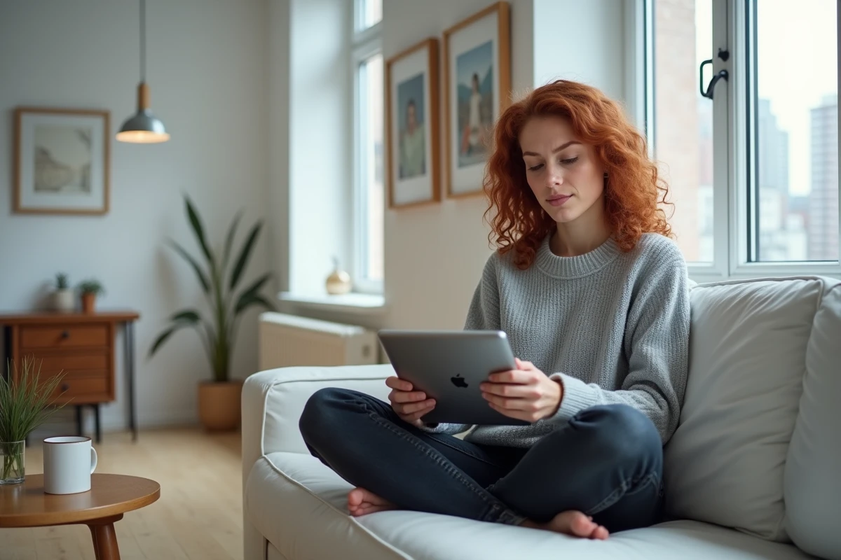 Jeune femme scrollant sur tablette et s'interrogeant sur le partage de photos sur les réseaux sociaux